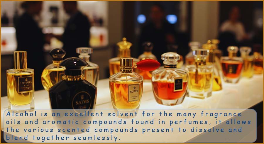 Alcohol is used as a solvent in many perfumes, image shows a display of expensive perfumes.